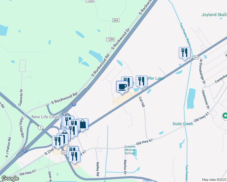 map of restaurants, bars, coffee shops, grocery stores, and more near 2805 Southfork Drive in Cabot