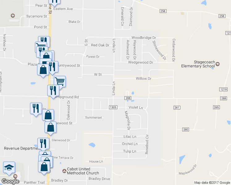 map of restaurants, bars, coffee shops, grocery stores, and more near 1201 Linda Lane in Cabot