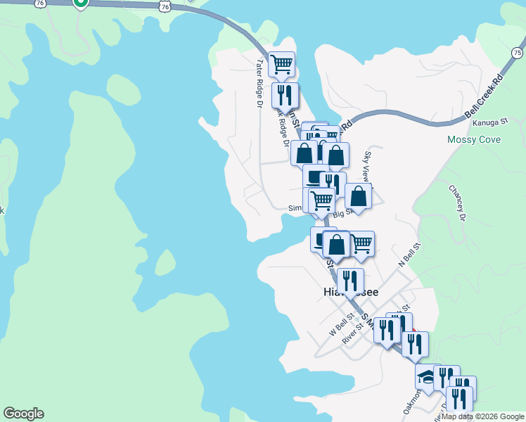 map of restaurants, bars, coffee shops, grocery stores, and more near 327 Harbor Road in Hiawassee