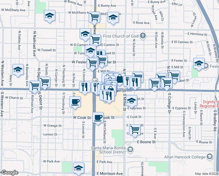 map of restaurants, bars, coffee shops, grocery stores, and more near 391 Town Center East in Santa Maria