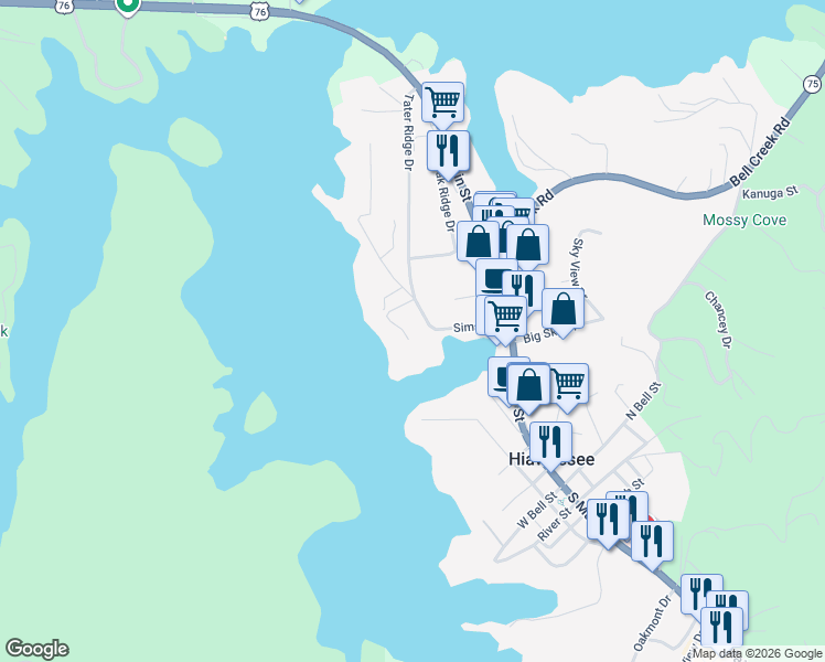 map of restaurants, bars, coffee shops, grocery stores, and more near 327 Harbor Road in Hiawassee