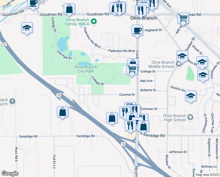 map of restaurants, bars, coffee shops, grocery stores, and more near 8804 Caroma Street in Olive Branch