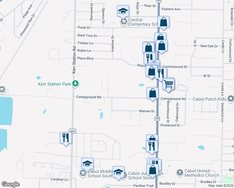 map of restaurants, bars, coffee shops, grocery stores, and more near 411 Campground Road in Cabot