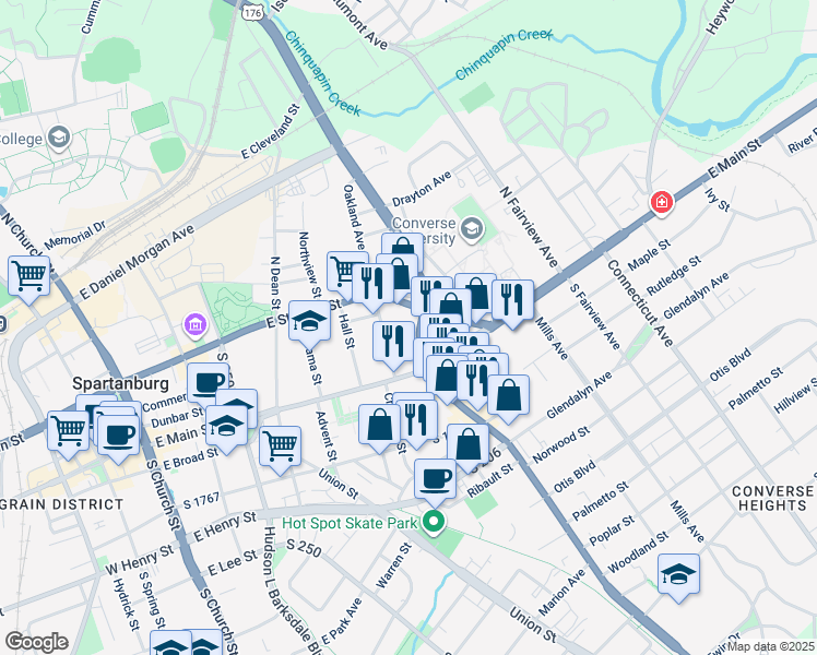 map of restaurants, bars, coffee shops, grocery stores, and more near 101 North Pine Street in Spartanburg