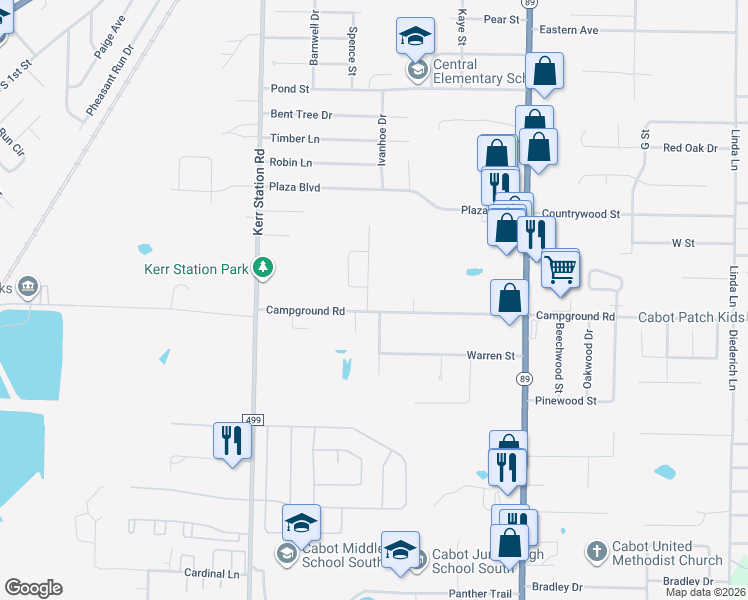 map of restaurants, bars, coffee shops, grocery stores, and more near 423 Nottingham Drive in Cabot