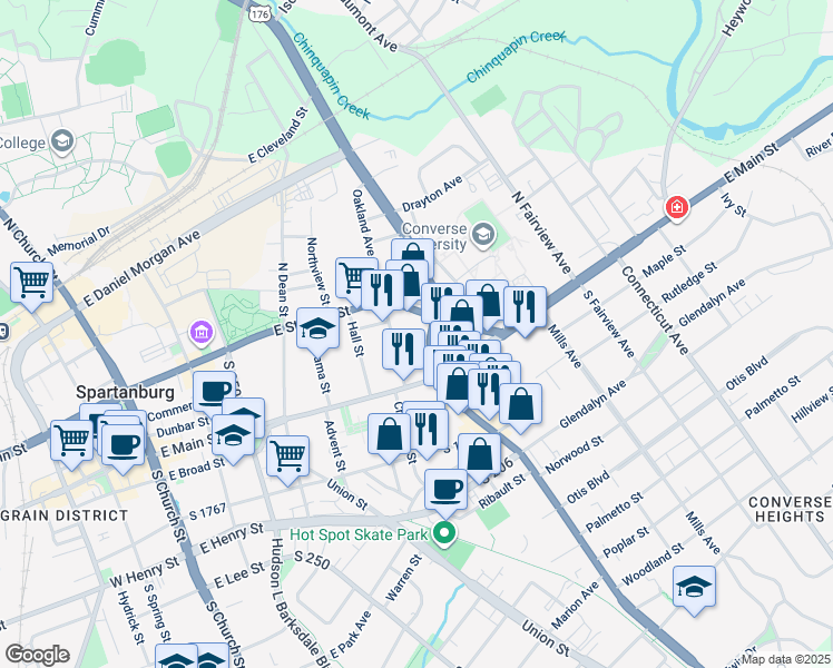 map of restaurants, bars, coffee shops, grocery stores, and more near 101 North Pine Street in Spartanburg