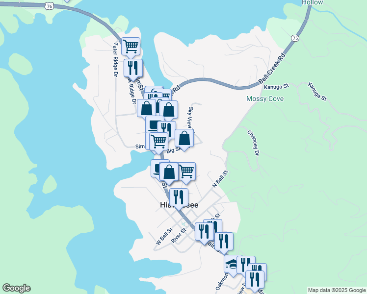 map of restaurants, bars, coffee shops, grocery stores, and more near Big Sky Drive in Hiawassee