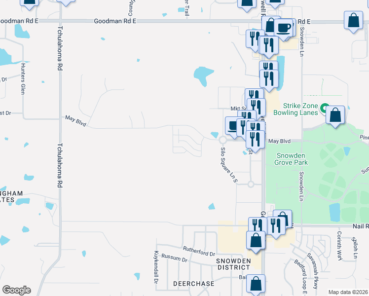 map of restaurants, bars, coffee shops, grocery stores, and more near South Street in Southaven
