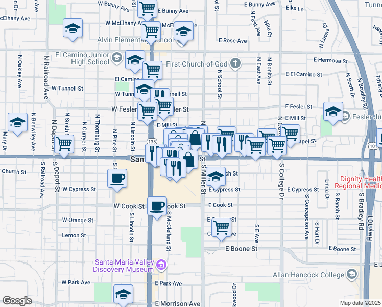 map of restaurants, bars, coffee shops, grocery stores, and more near 101 Miller Street in Santa Maria