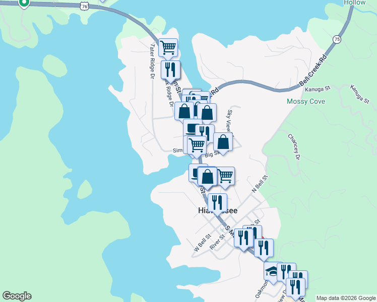 map of restaurants, bars, coffee shops, grocery stores, and more near 156 Sims Circle in Hiawassee