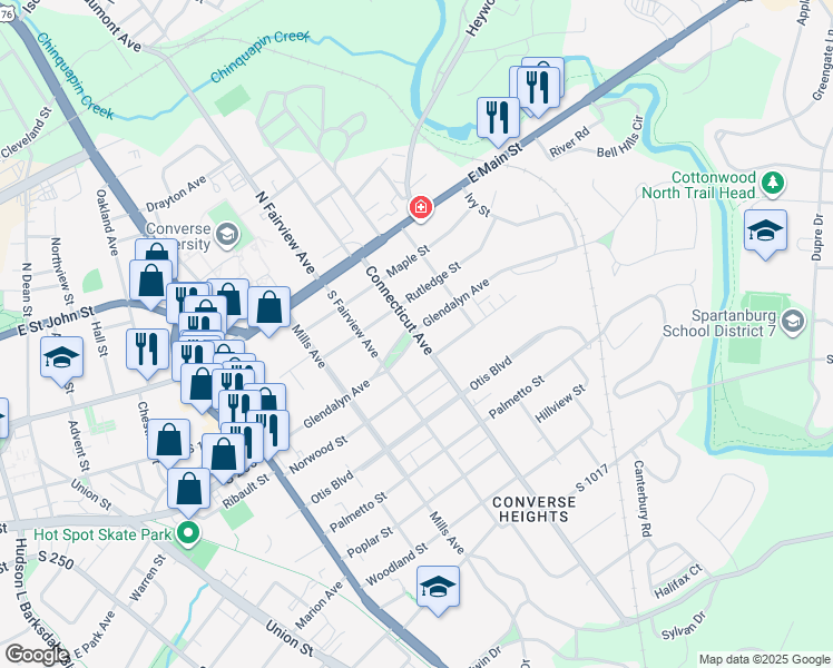 map of restaurants, bars, coffee shops, grocery stores, and more near 205 Connecticut Avenue in Spartanburg