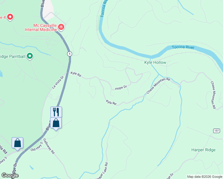 map of restaurants, bars, coffee shops, grocery stores, and more near 1 Shalom Lane in Blue Ridge