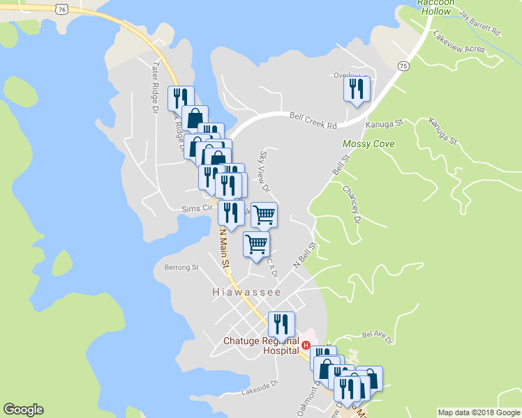 map of restaurants, bars, coffee shops, grocery stores, and more near 318 Big Sky Drive in Hiawassee