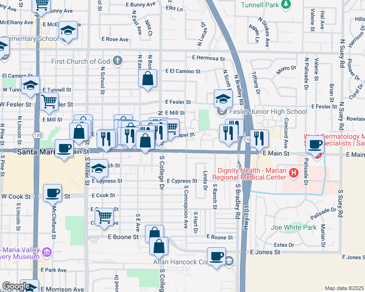 map of restaurants, bars, coffee shops, grocery stores, and more near in Santa Maria