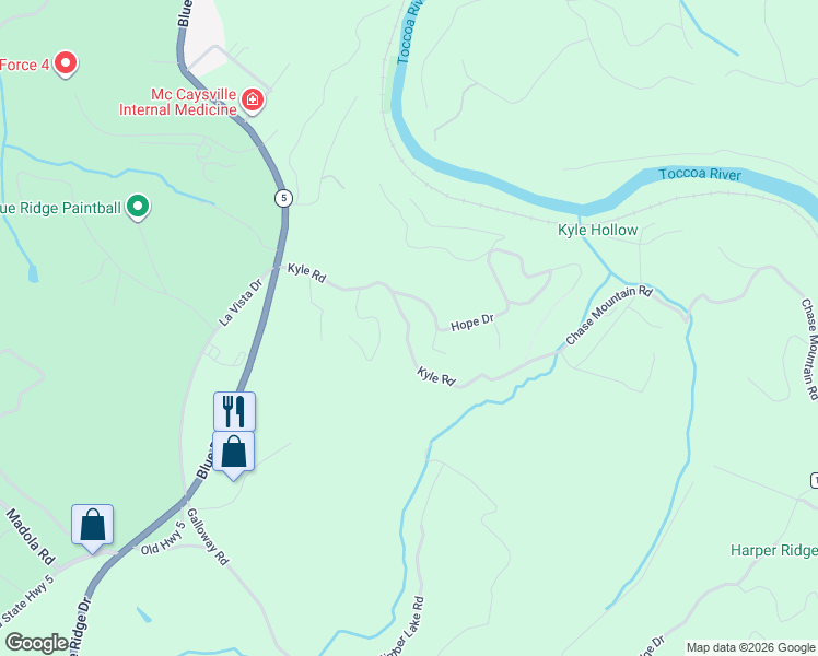 map of restaurants, bars, coffee shops, grocery stores, and more near 4 Shalom Drive in Blue Ridge