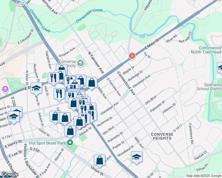 map of restaurants, bars, coffee shops, grocery stores, and more near 169 Mills Avenue in Spartanburg