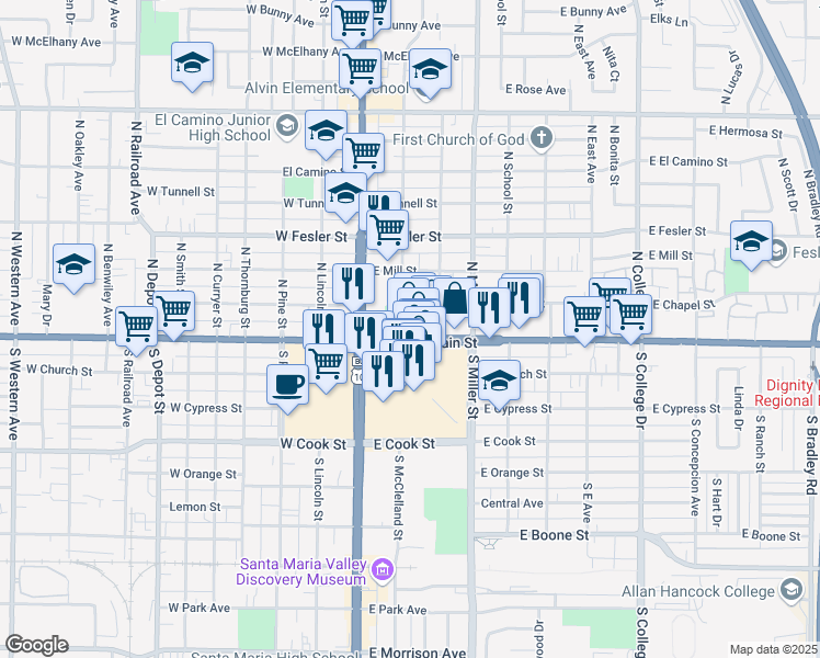 map of restaurants, bars, coffee shops, grocery stores, and more near 391 Town Center East in Santa Maria