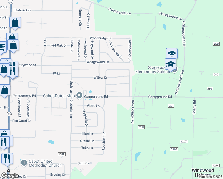 map of restaurants, bars, coffee shops, grocery stores, and more near 14 Krooked Kreek Cove in Cabot