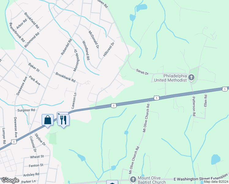 map of restaurants, bars, coffee shops, grocery stores, and more near 106 Hillview Circle in Rockingham