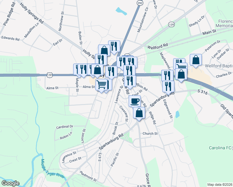 map of restaurants, bars, coffee shops, grocery stores, and more near 17 Lawrence Street in Lyman