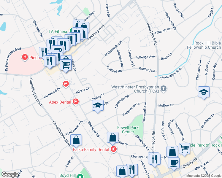 map of restaurants, bars, coffee shops, grocery stores, and more near 243 Shurley Street in Rock Hill