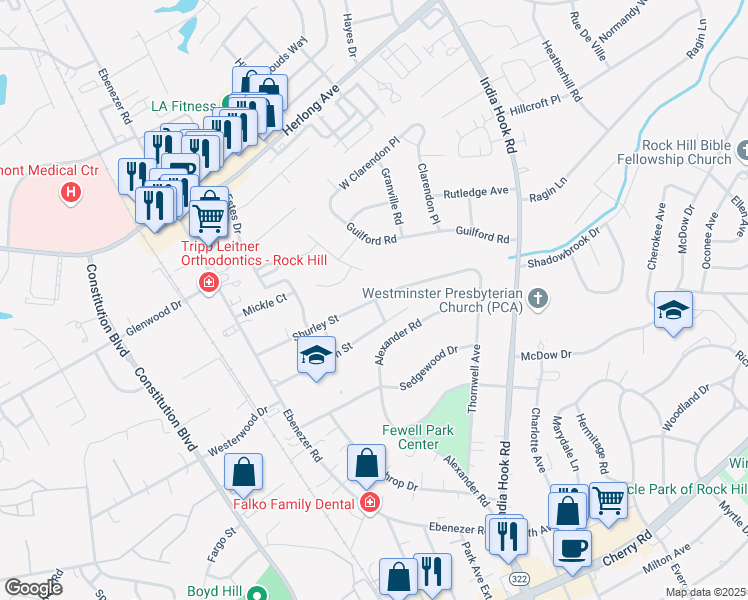 map of restaurants, bars, coffee shops, grocery stores, and more near 332 State Route 332 in Rock Hill