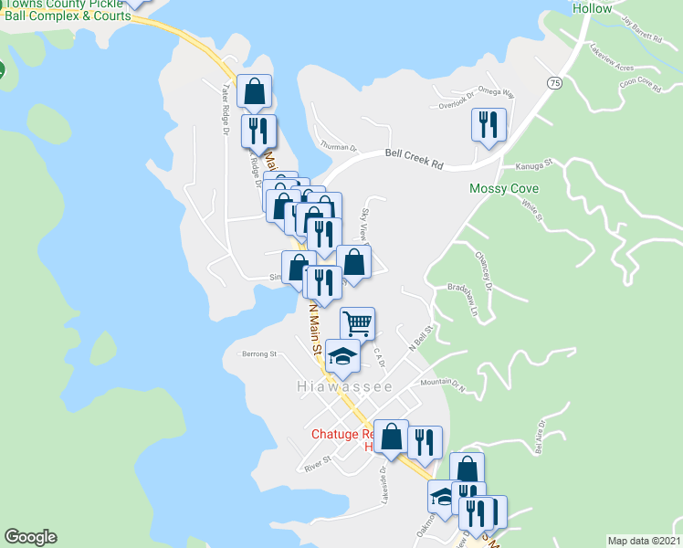map of restaurants, bars, coffee shops, grocery stores, and more near 325 Big Sky Drive in Hiawassee