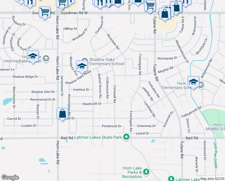 map of restaurants, bars, coffee shops, grocery stores, and more near 6300 Cornwall Road in Horn Lake