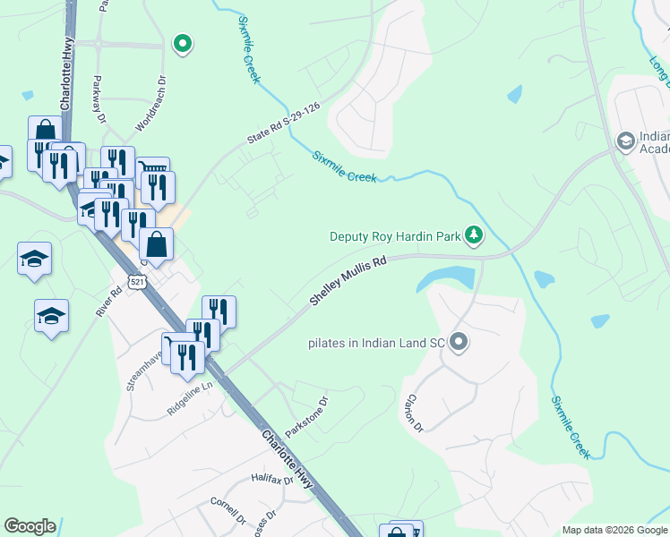 map of restaurants, bars, coffee shops, grocery stores, and more near 8140 Shelley Mullis Road in Fort Mill