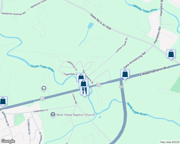 map of restaurants, bars, coffee shops, grocery stores, and more near 185 Lemon Creek Drive in Lyman
