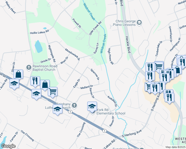 map of restaurants, bars, coffee shops, grocery stores, and more near 2311 Sparrow Drive in Rock Hill