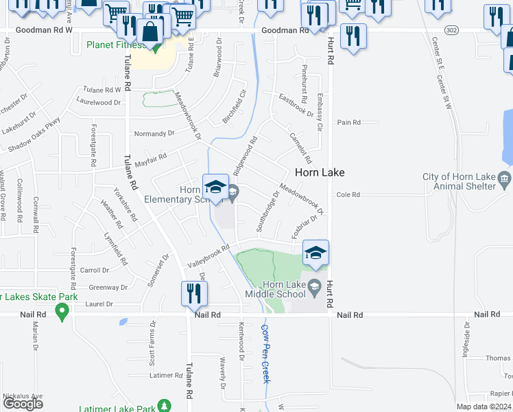 map of restaurants, bars, coffee shops, grocery stores, and more near 2690 Shady Grove Drive in Horn Lake