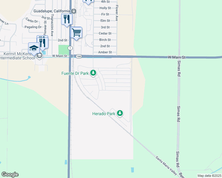 map of restaurants, bars, coffee shops, grocery stores, and more near 4443 Manzanita Street in Guadalupe