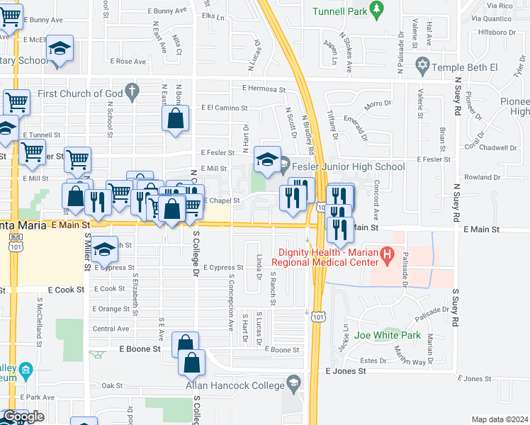 map of restaurants, bars, coffee shops, grocery stores, and more near 944 Salisbury Lane in Santa Maria