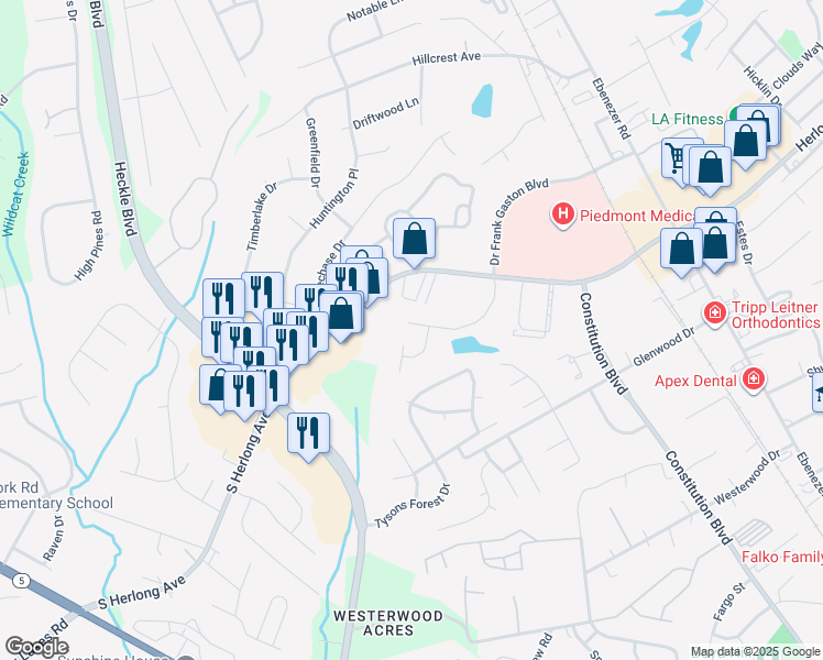 map of restaurants, bars, coffee shops, grocery stores, and more near 1500 Herlong Court in Rock Hill