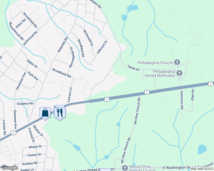 map of restaurants, bars, coffee shops, grocery stores, and more near 106 Hillview Circle in Rockingham