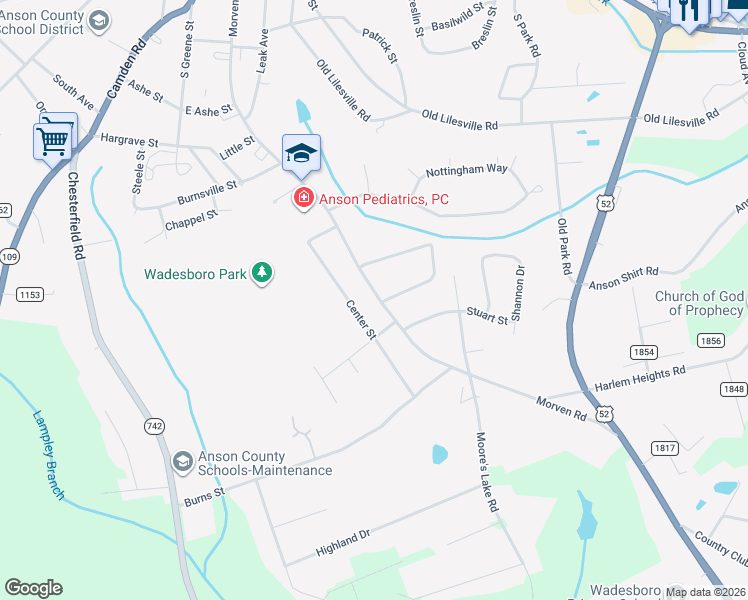 map of restaurants, bars, coffee shops, grocery stores, and more near 1308 Center Street in Wadesboro