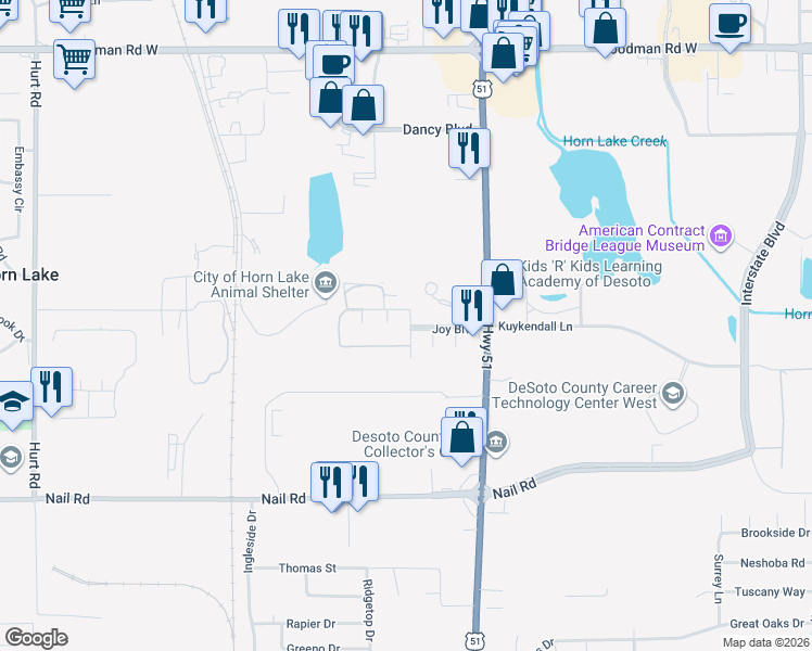 map of restaurants, bars, coffee shops, grocery stores, and more near 6233 Joy Boulevard in Horn Lake