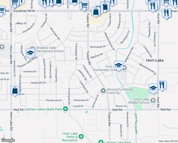 map of restaurants, bars, coffee shops, grocery stores, and more near 6435 Yorkshire Road in Horn Lake