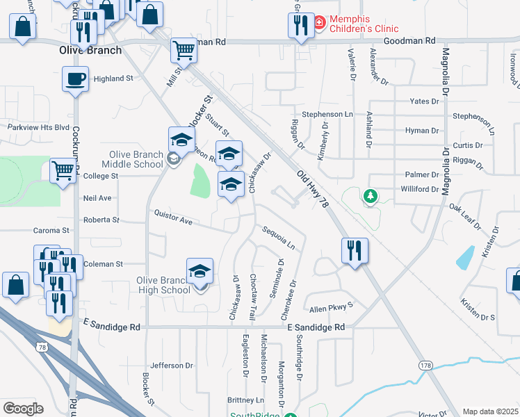 map of restaurants, bars, coffee shops, grocery stores, and more near 9792 Sequoia Lane in Olive Branch