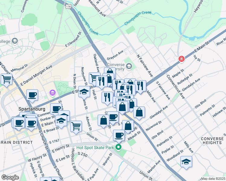 map of restaurants, bars, coffee shops, grocery stores, and more near 105 North Pine Street in Spartanburg