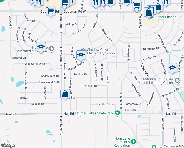 map of restaurants, bars, coffee shops, grocery stores, and more near 6450 Sandhurst Road in Horn Lake