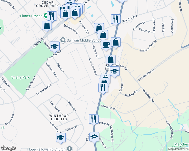 map of restaurants, bars, coffee shops, grocery stores, and more near 622 Greenbriar Avenue in Rock Hill