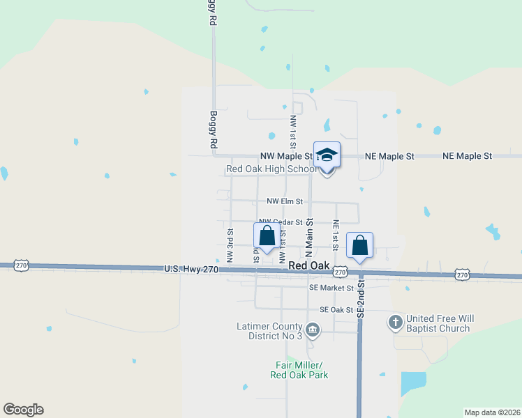 map of restaurants, bars, coffee shops, grocery stores, and more near 404 Northwest 2nd Street in Red Oak