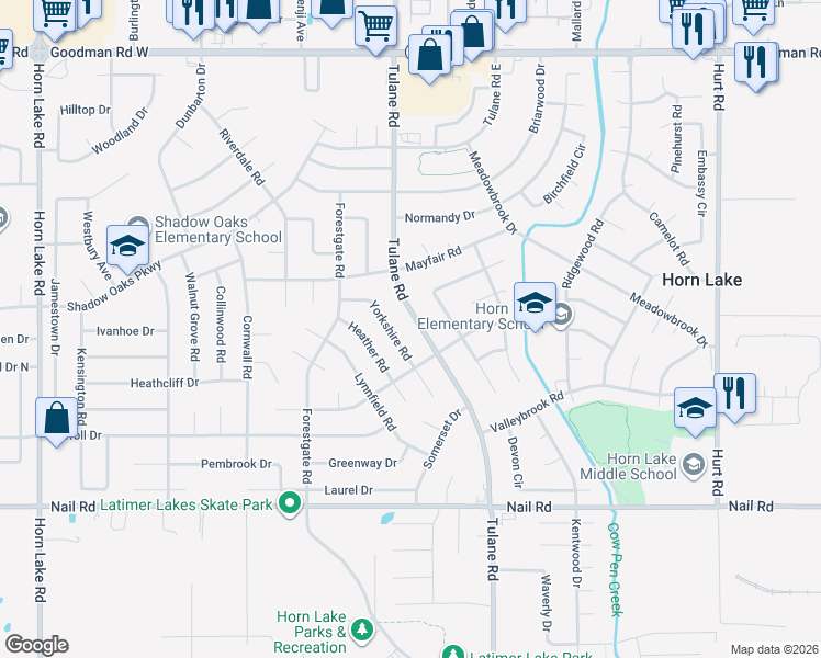 map of restaurants, bars, coffee shops, grocery stores, and more near 6445 Tulane Road in Horn Lake
