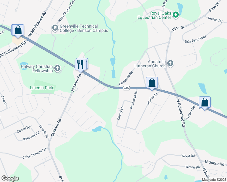 map of restaurants, bars, coffee shops, grocery stores, and more near 545 Copeland Road in Greer