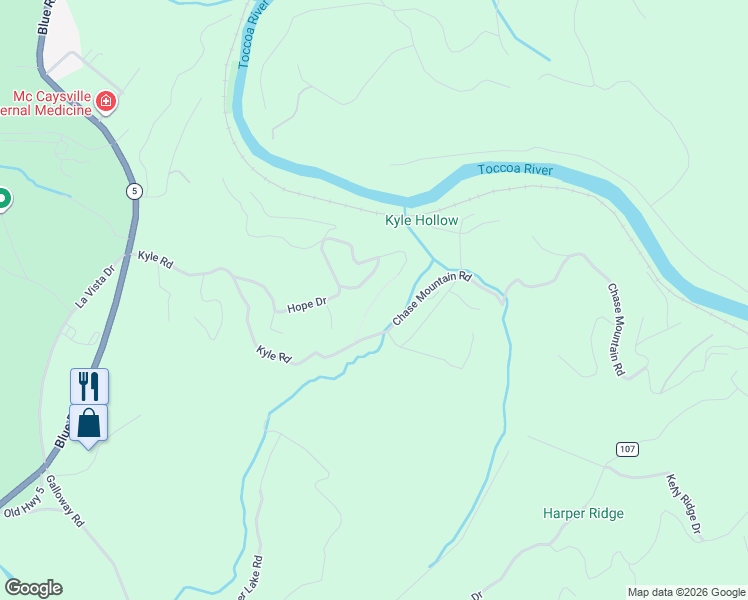map of restaurants, bars, coffee shops, grocery stores, and more near 710 Chase Mount in Blue Ridge