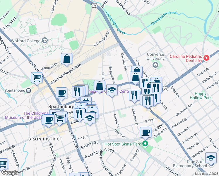 map of restaurants, bars, coffee shops, grocery stores, and more near East Saint John Street in Spartanburg