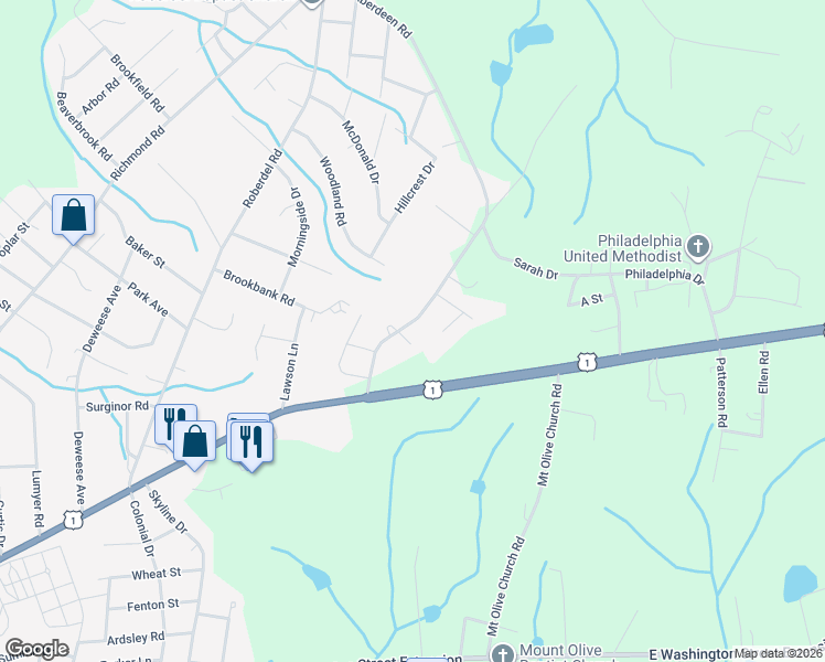 map of restaurants, bars, coffee shops, grocery stores, and more near 2401 Old Aberdeen Road in Rockingham