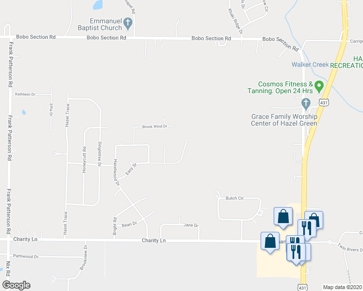 map of restaurants, bars, coffee shops, grocery stores, and more near 147 Easy Street in Hazel Green